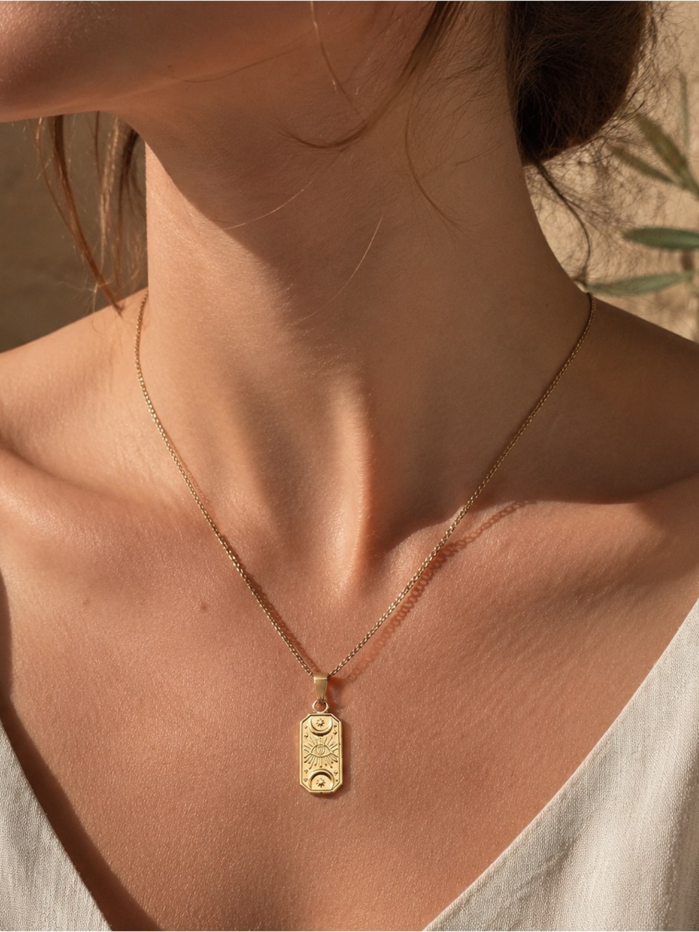 Gold Tone Evil Eye Sun Moon Tag Pendant Necklace Stainless Steel